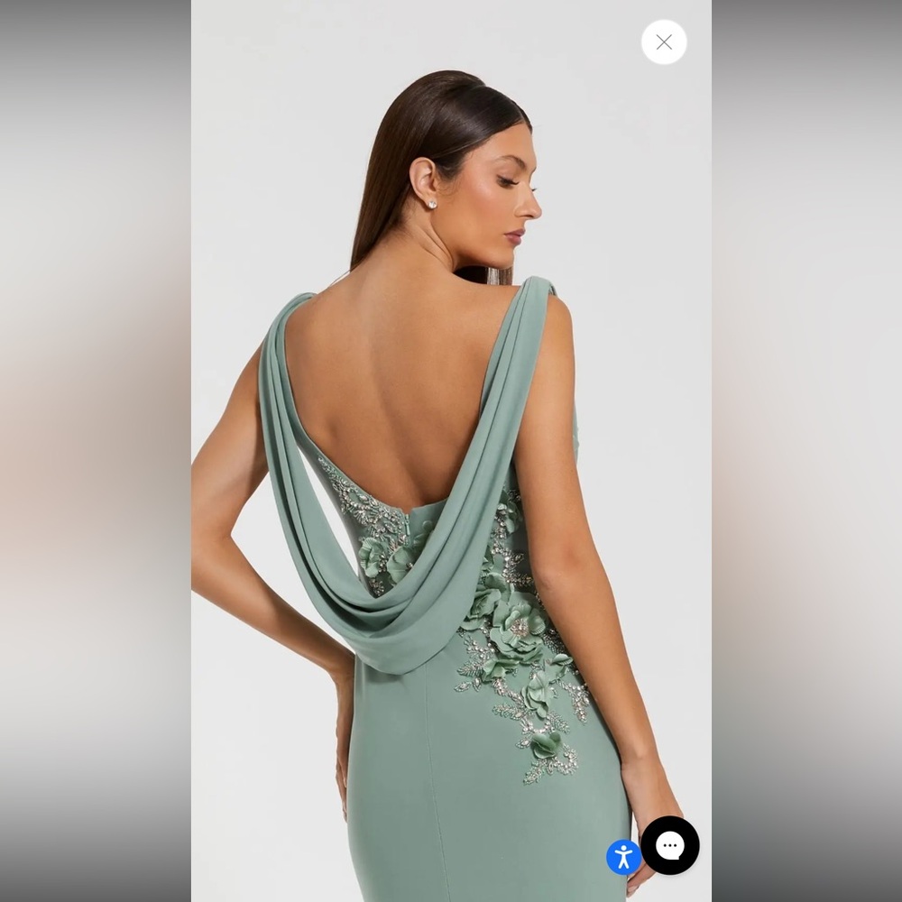 Mac Duggal Sleeveless 3D Flower Detailing Cowl Neck Gown Sage - Picture 2 of 4